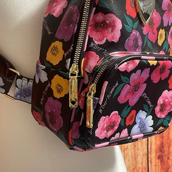 Betsey Johnson black & bright floral mini backpack faux leather adjustable - Picture 3 of 9